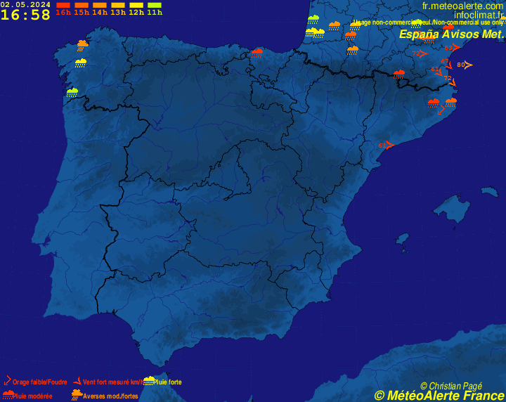 Carte de situation et alertes météo temps réel : España/Portugal